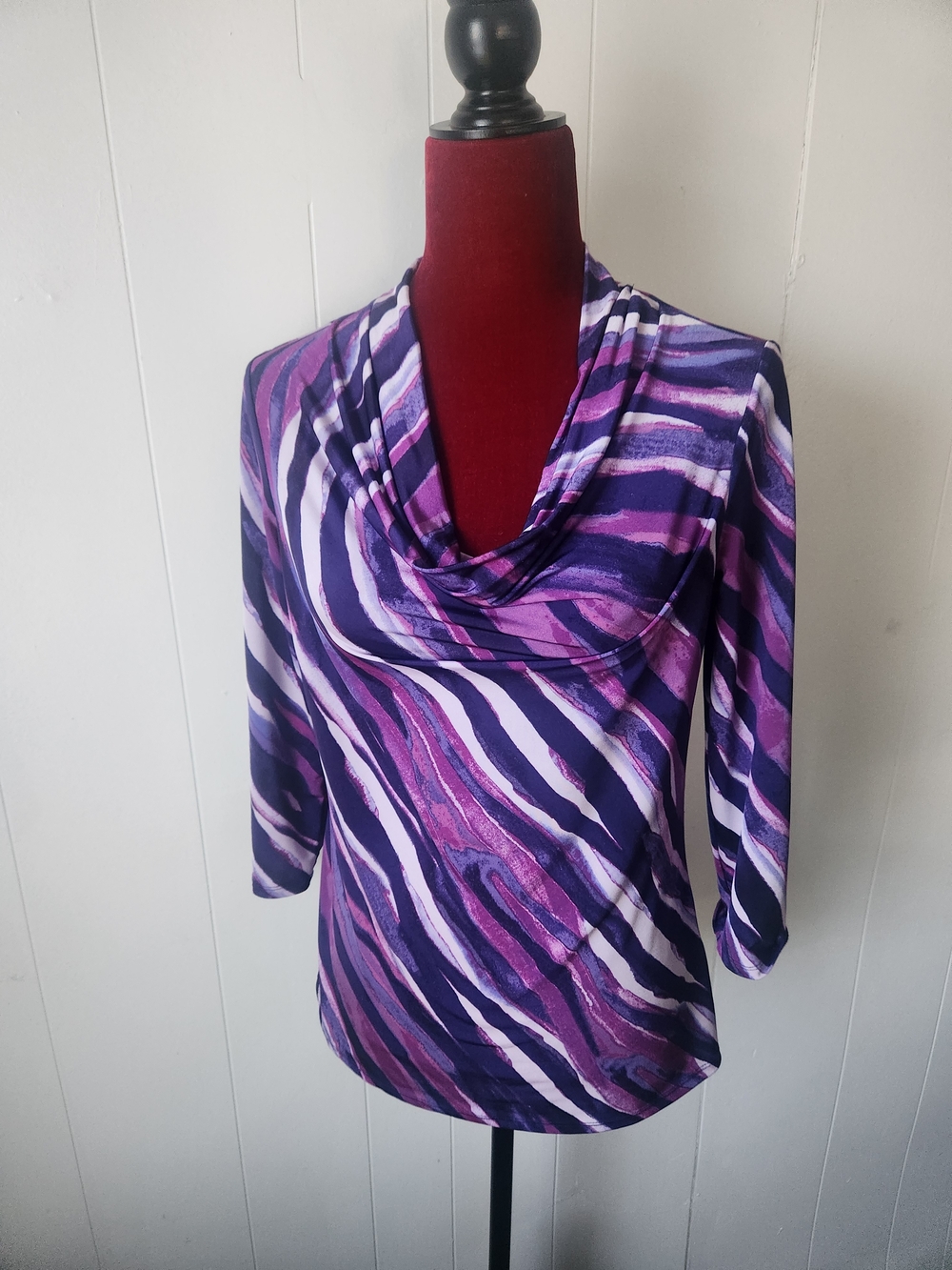 Dana Buchman Purple and White Cowl Neck Long Sleeve Top